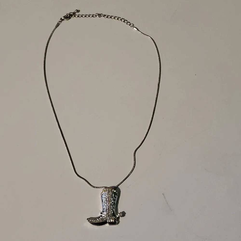 Fashion silver tone, jewel embellished, Cowgirl boot necklace